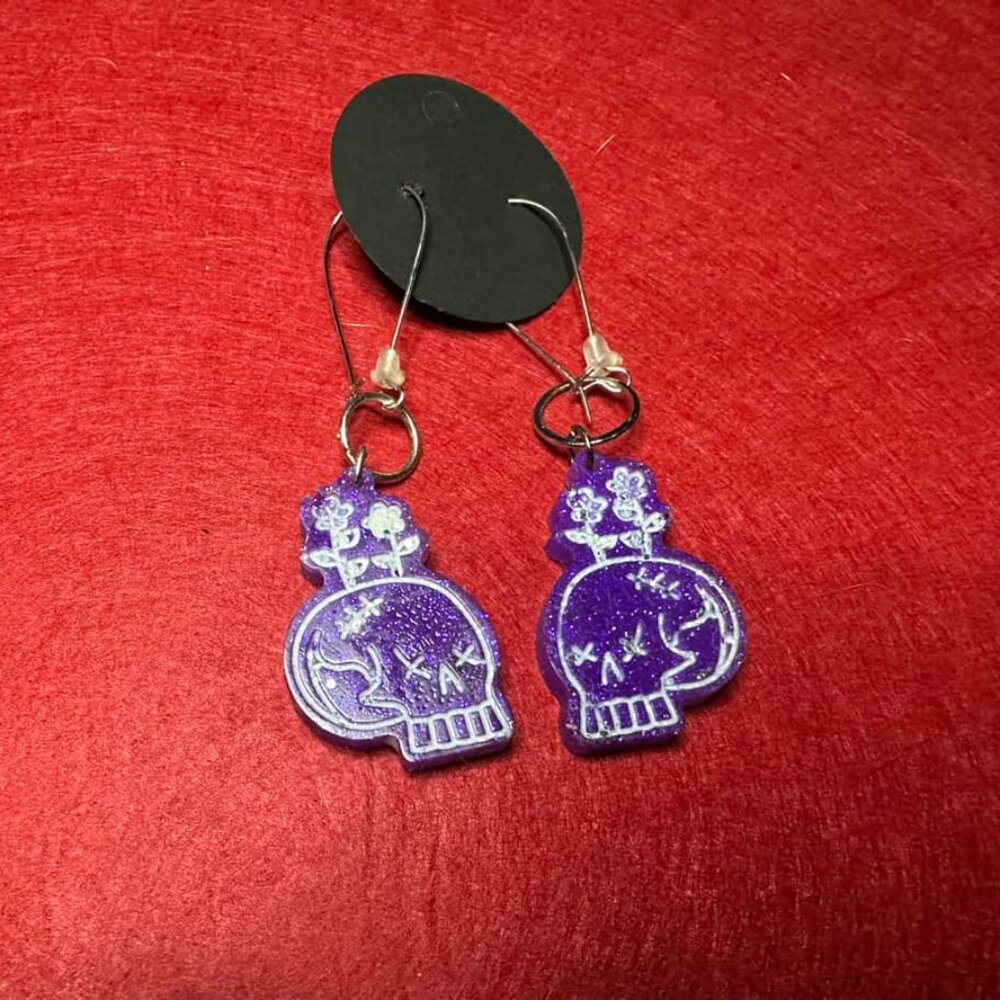 Purple Skull Resin Earrings (With gauge friendly hooks)